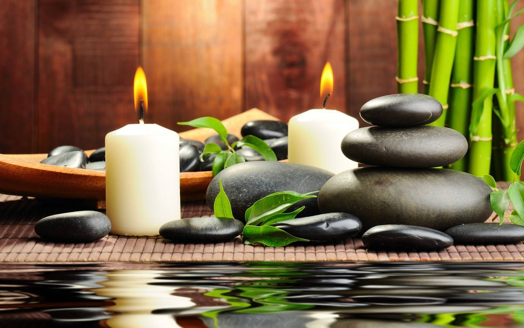 Green Bamboo 4k Candles Hot Stones Wallpaper