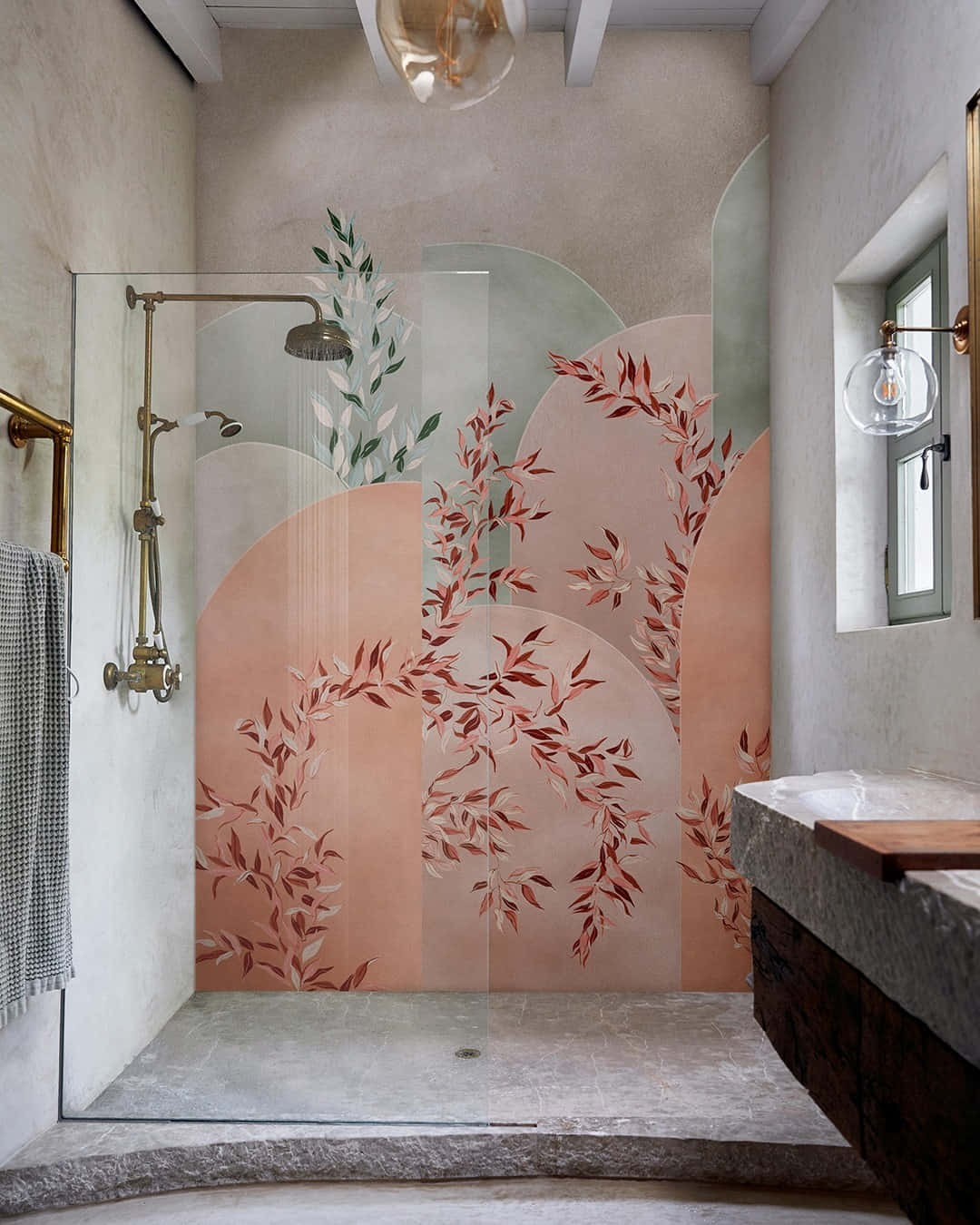 Grey Bathroom Red And Green Wheat Painted Walls Wallpaper