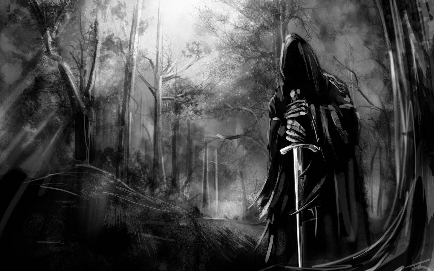Grim Reaper With Sword In Gothic Forest Wallpaper