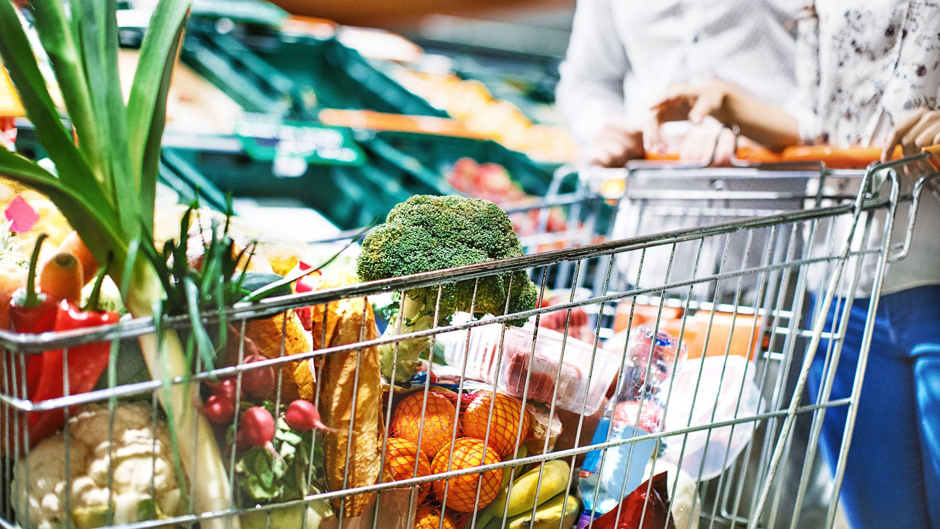 Grocery Items Metallic Shopping Cart Wallpaper