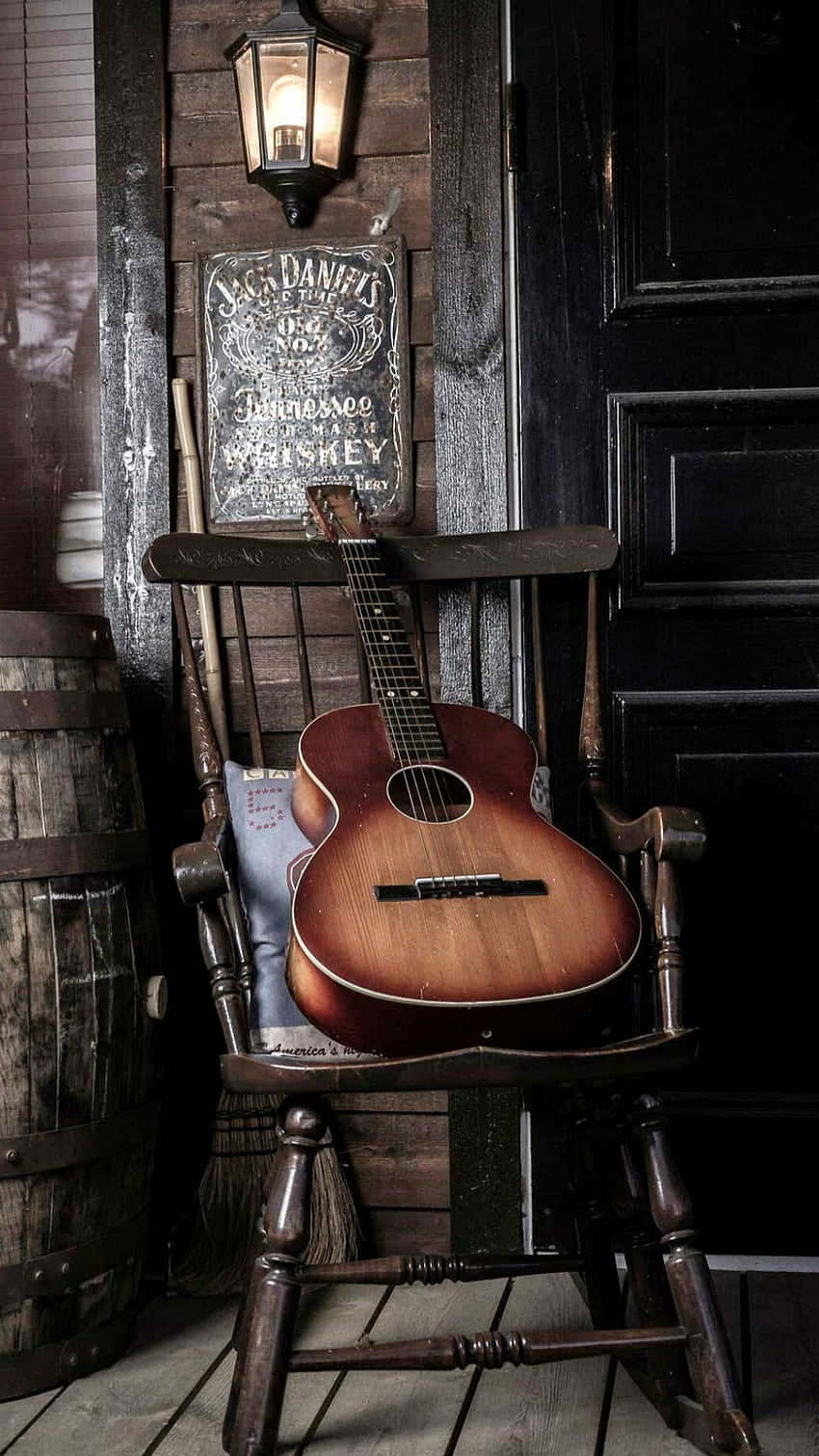 Guitar On Wooden Chair Cute Country Wallpaper