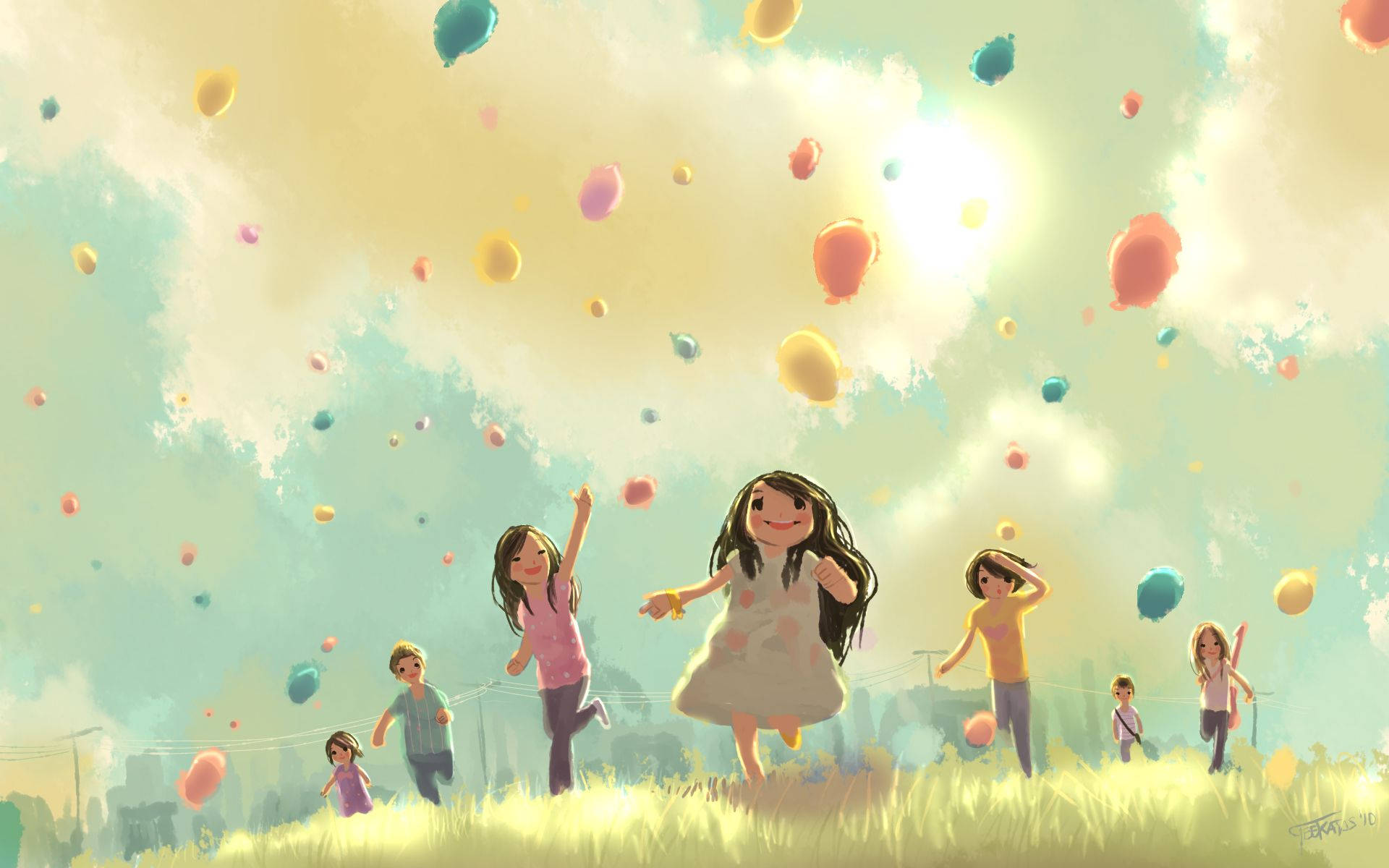 Happy Children Chasing Balloons Wallpaper