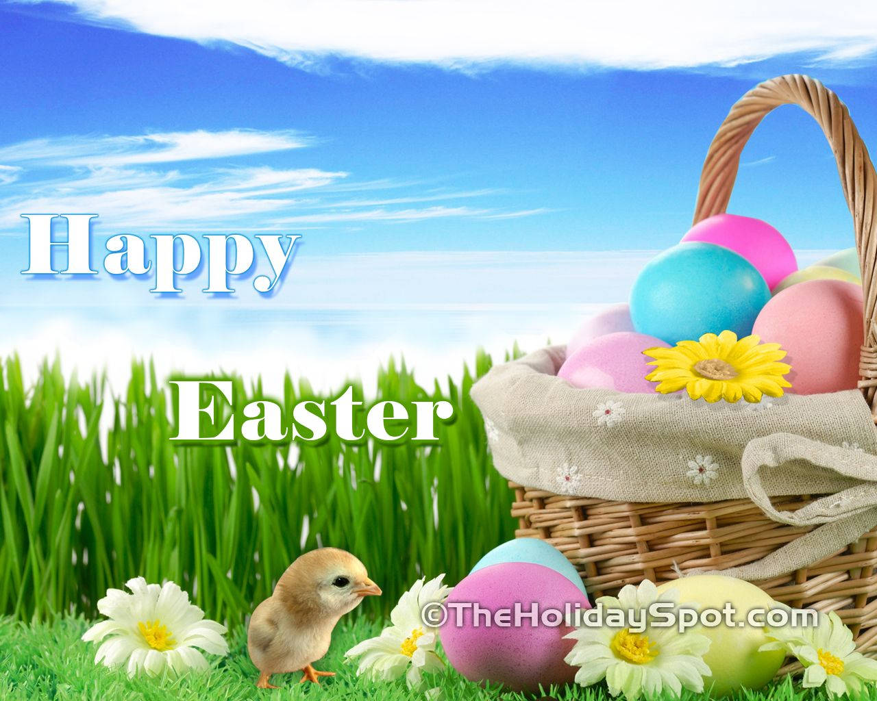 Happy Easter Greetings With Eggs And Chick Wallpaper