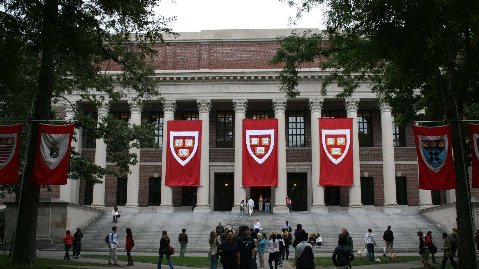 Harvard University Widener Library With Banners Wallpaper