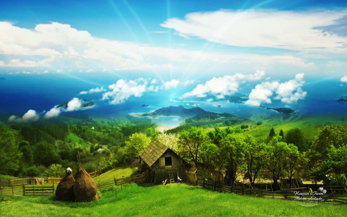 Hay Stacks Near A Farmhouse Desktop Wallpaper