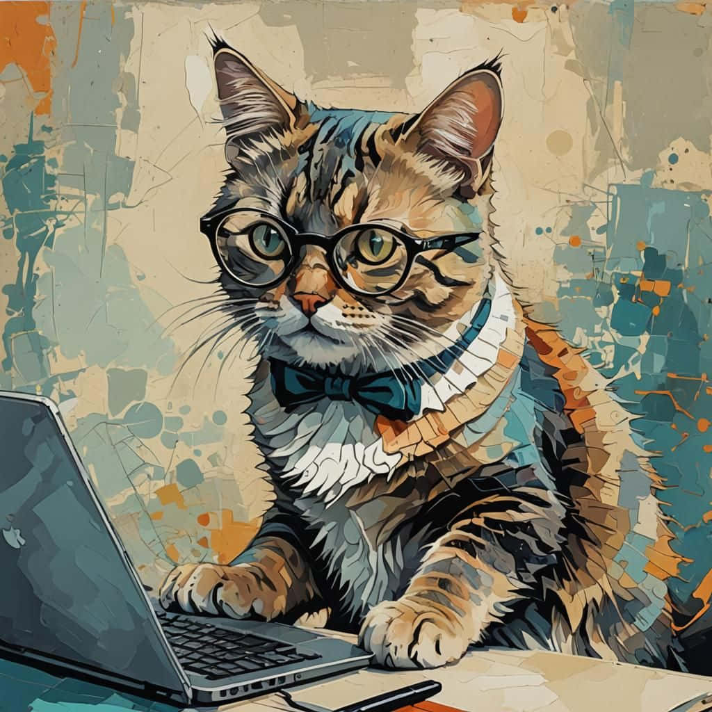 Intellectual Cat At Computer Artwork Wallpaper