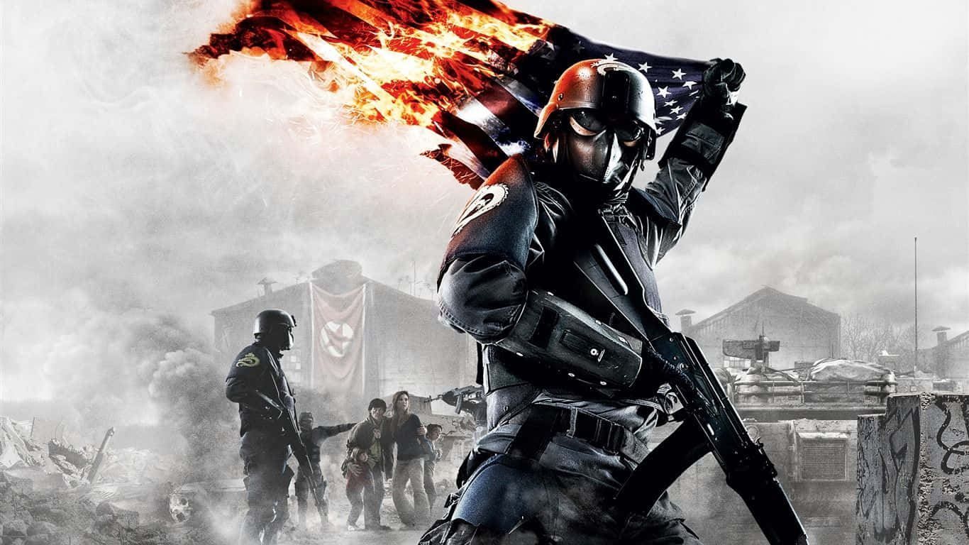 Intense Moment In Homefront Video Game With Burning Flag Wallpaper