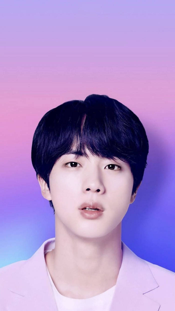 Jin Bts Cute Black Hair Blue And Pink Wallpaper