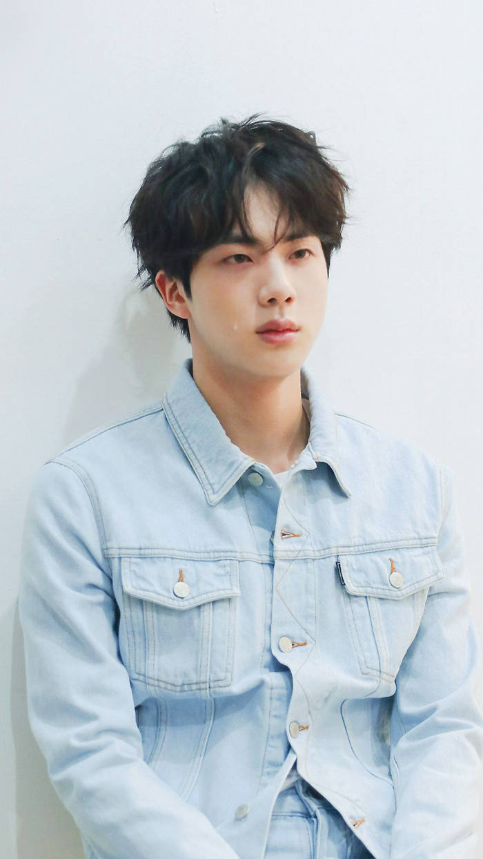 Jin Bts Cute Black Hair Jean Shirt Wallpaper