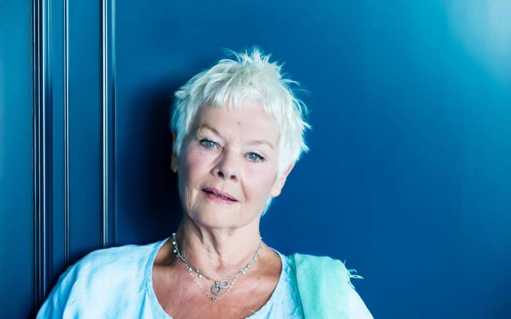 Judy Dench On Blue Wall Wallpaper