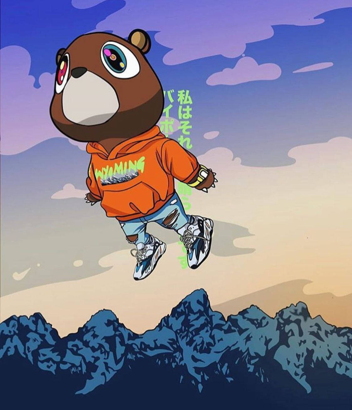 Kanye West Bear Floating Above Mountains Japanese Characters Wallpaper