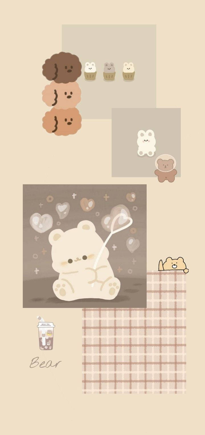 Kawaii Bears Beige Aesthetic Wallpaper