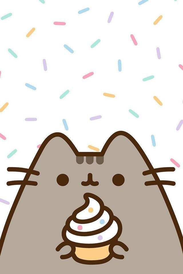 Kawaii Hd Pusheen Holding A Cupcake Wallpaper