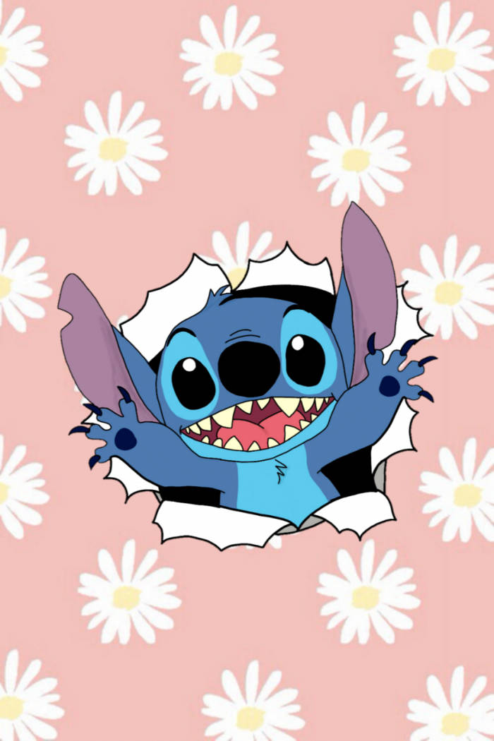 Kawaii Stitch Bursting From Pink Flowery Backdrop Wallpaper