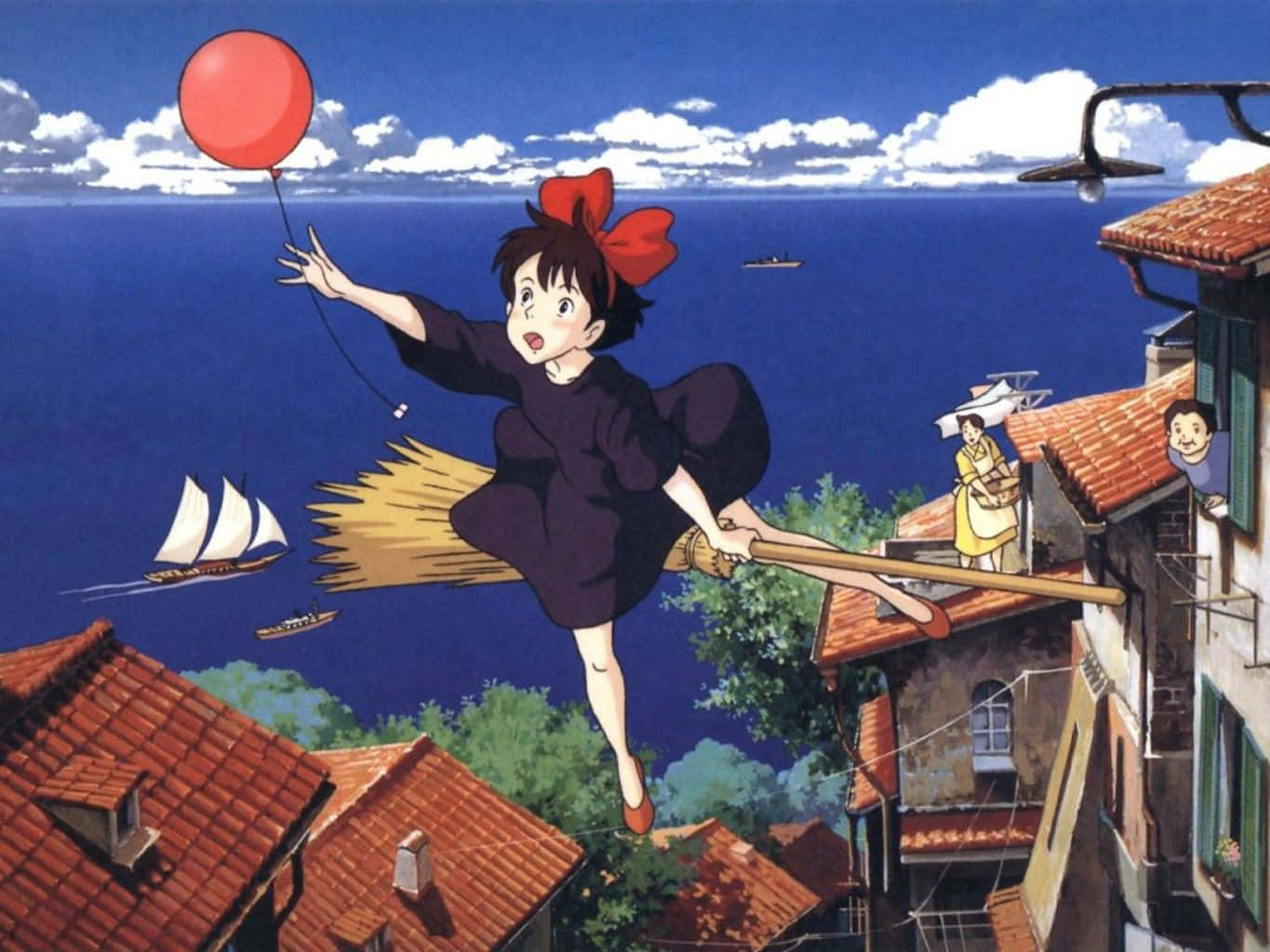 Kiki Flying With Jiji On Her Broomstick In Kiki's Delivery Service Wallpaper