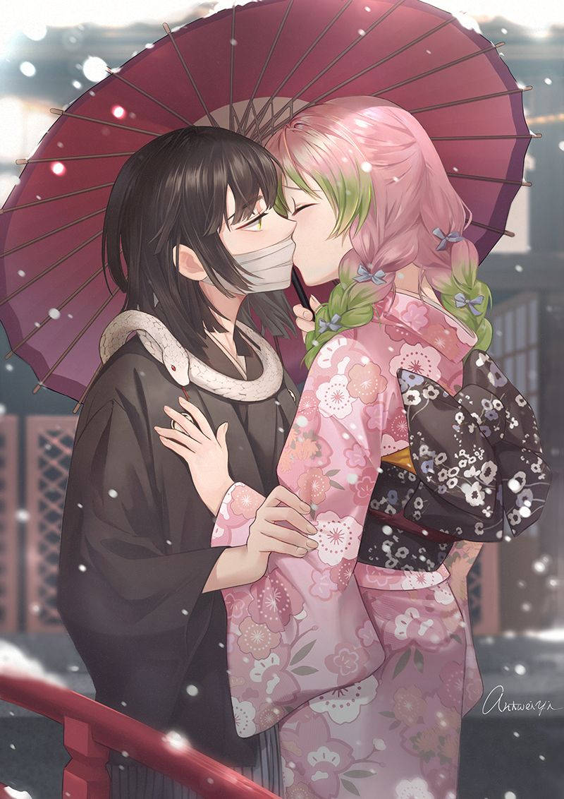 Kimetsu No Yaiba Hashira Iguro And Mitsuri Kiss Wallpaper