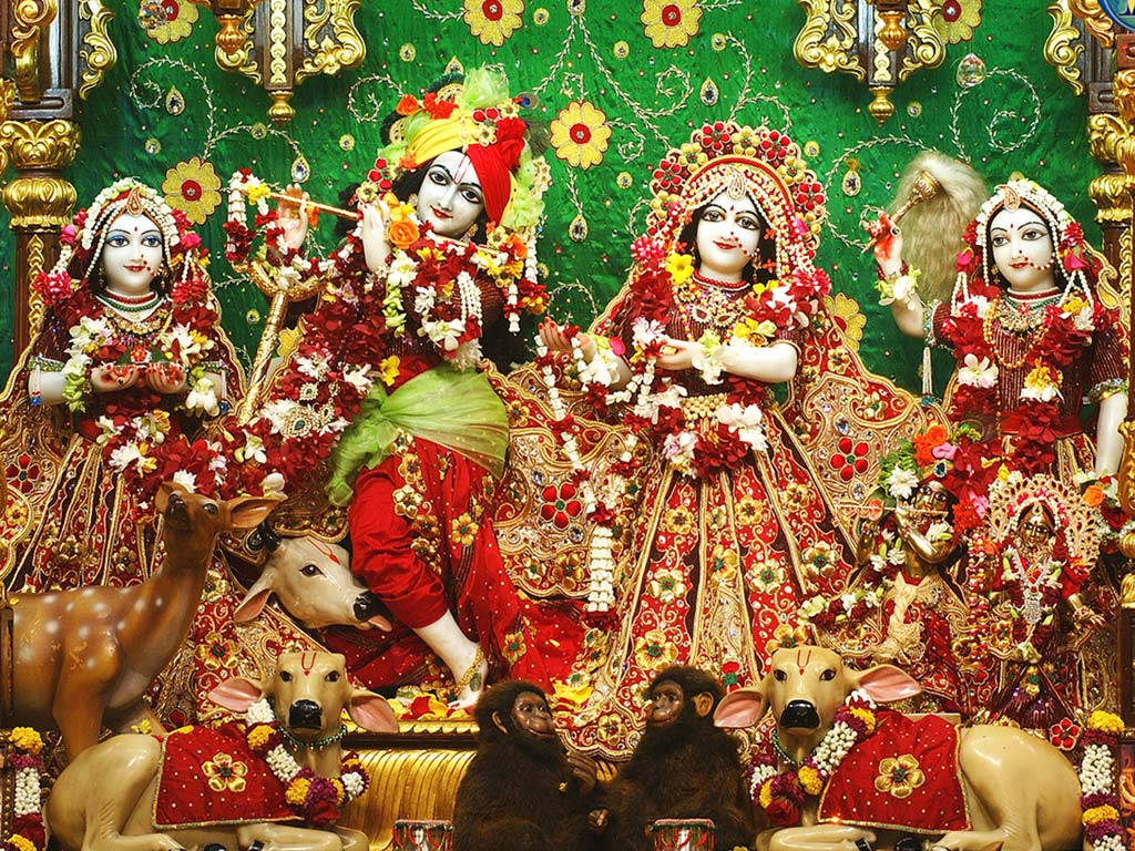 Krishna With His Three Consorts In Iskcon Temple Wallpaper