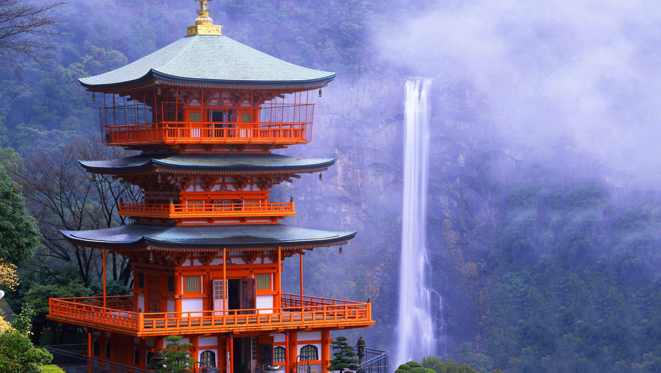 Kyoto Red Temple With Falls Wallpaper