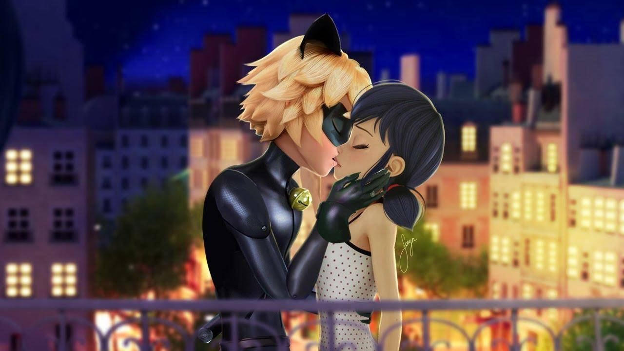 Ladybug And Cat Noir Kiss In Balcony Wallpaper