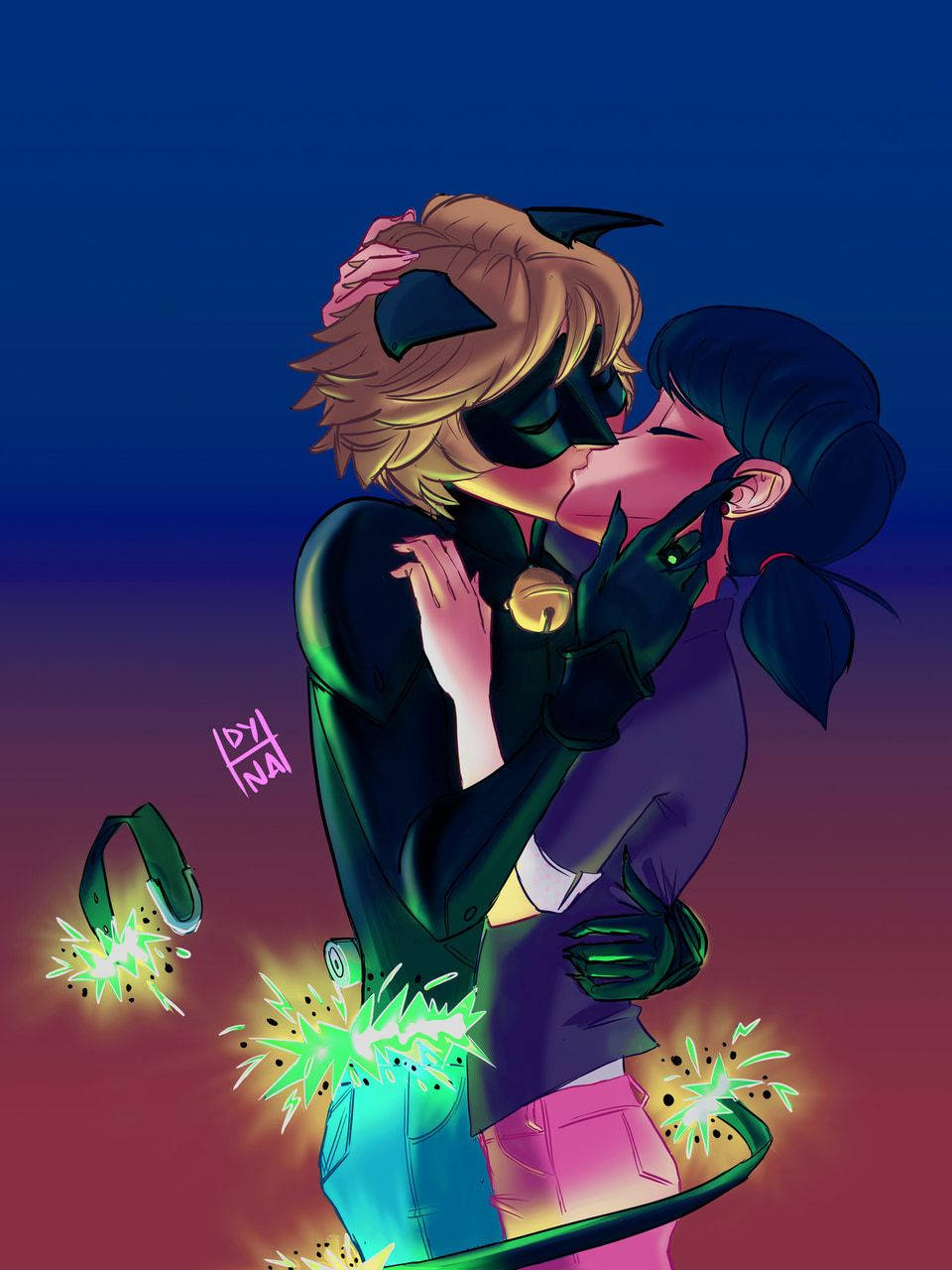 Ladybug And Cat Noir Kiss Sparks Wallpaper