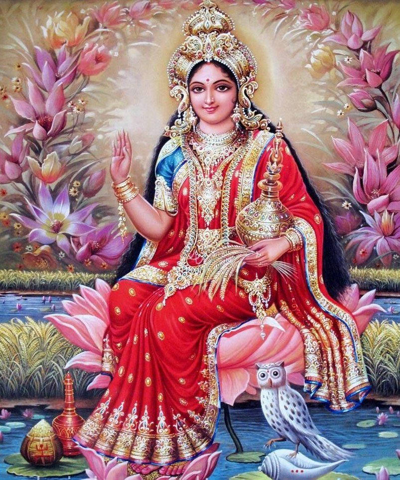 Lakshmi On Lotus Backdrop Wallpaper