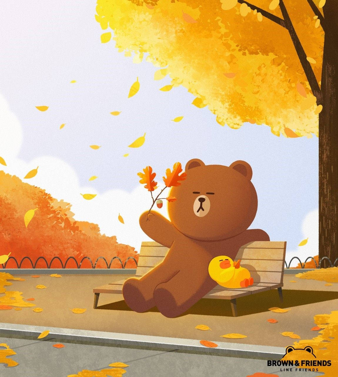 Line Friends Brown And Sally In Autumn Wallpaper