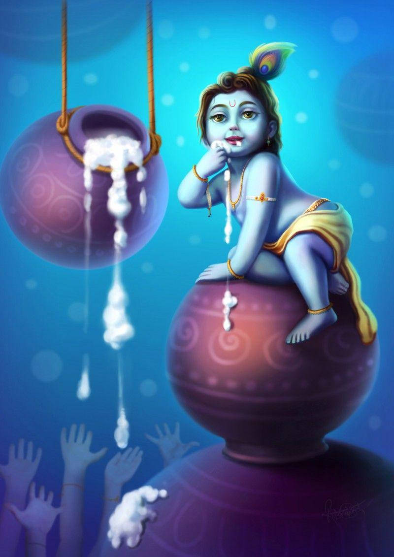 Little Krishna Hd Pots Of Butter Wallpaper