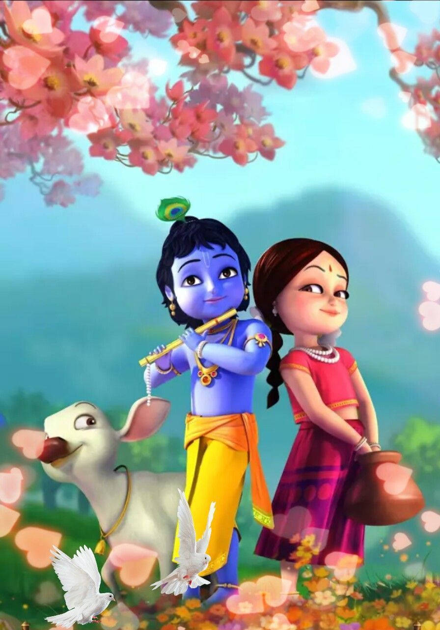 Little Krishna Hd Radha And Cow Pink Tree Wallpaper