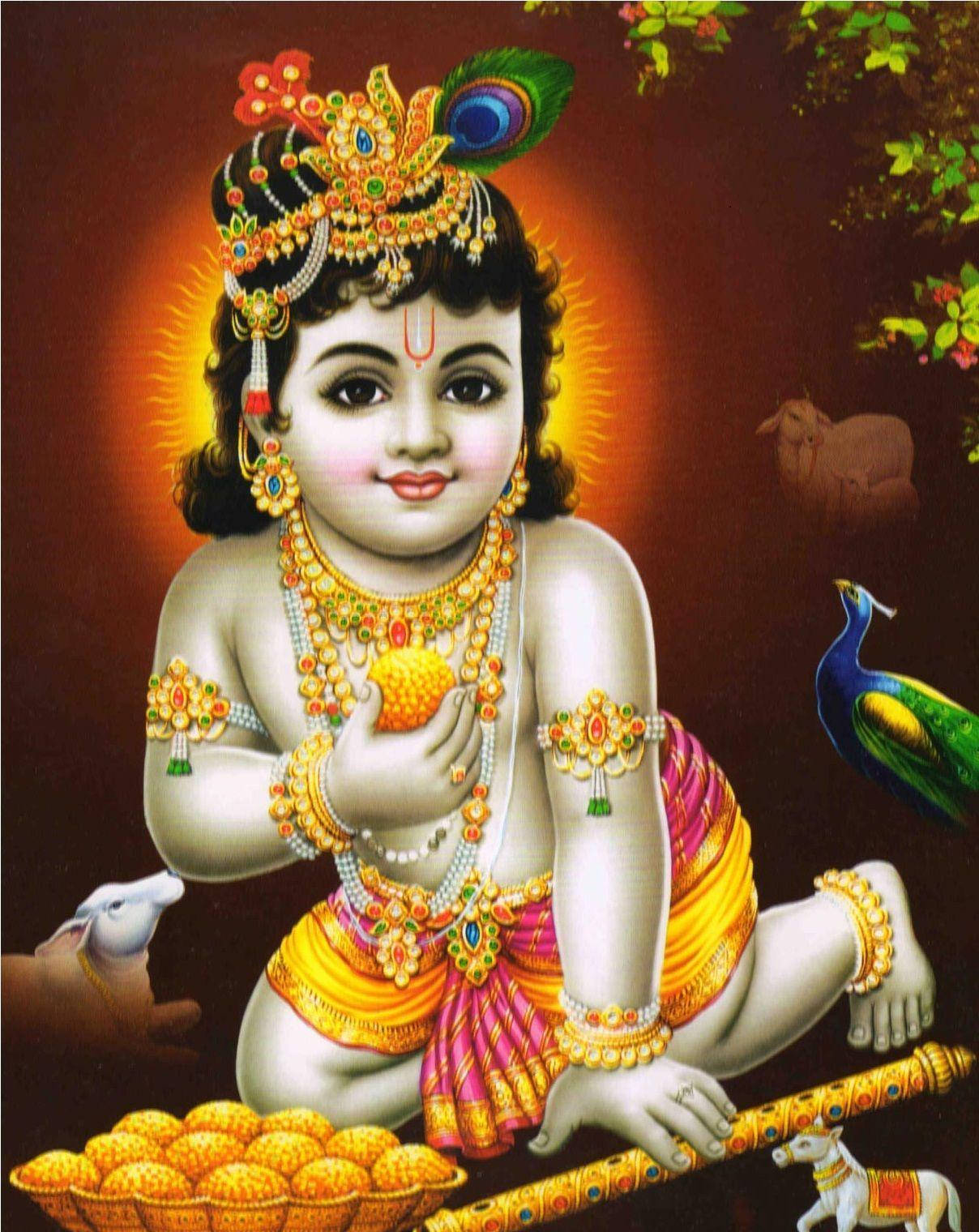 Little Krishna Hd With Animals Wallpaper