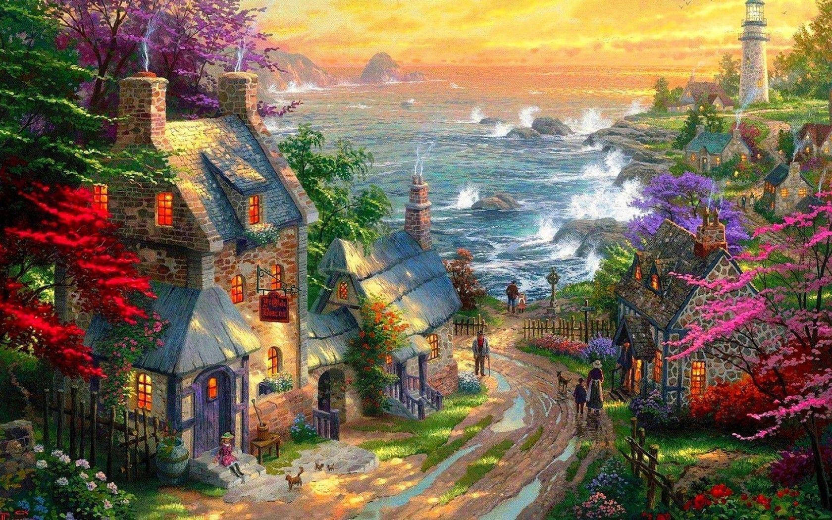 Lovely Houses Near Sea Paint Art Wallpaper