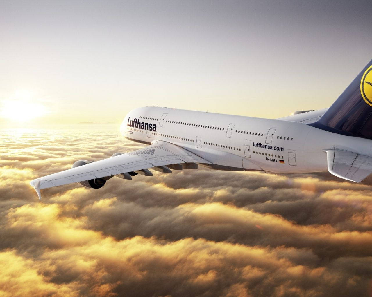 Lufthansa Plane Over Golden Sea Of Clouds Wallpaper