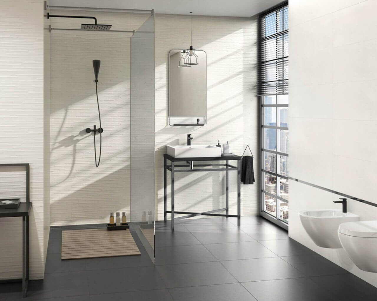 Luxurious Bathroom With Polished Black Floor Tiles Wallpaper