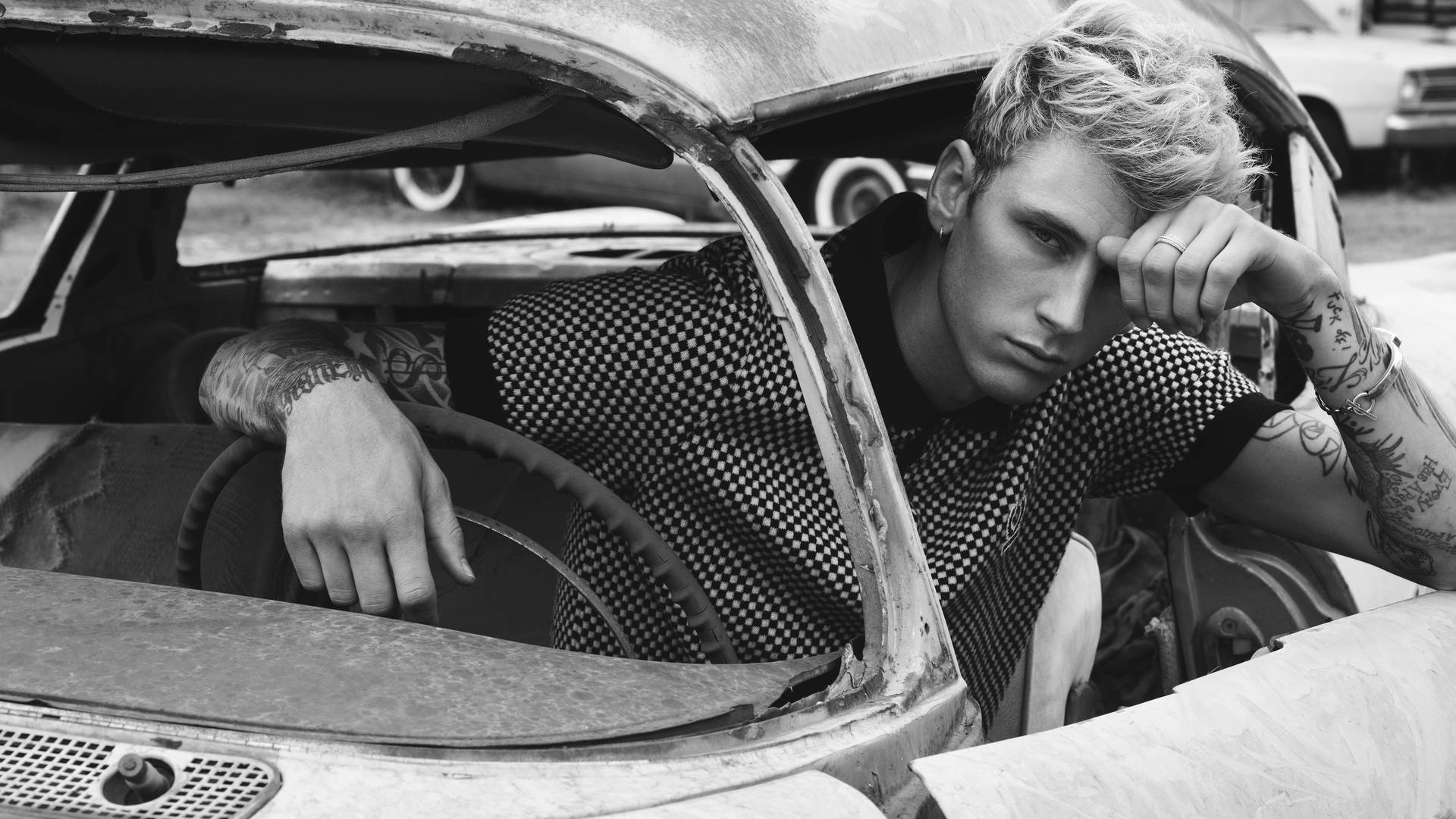 Machine Gun Kelly Grayscale Photoshoot Wallpaper | WallpapersOK, image size:1920x1080