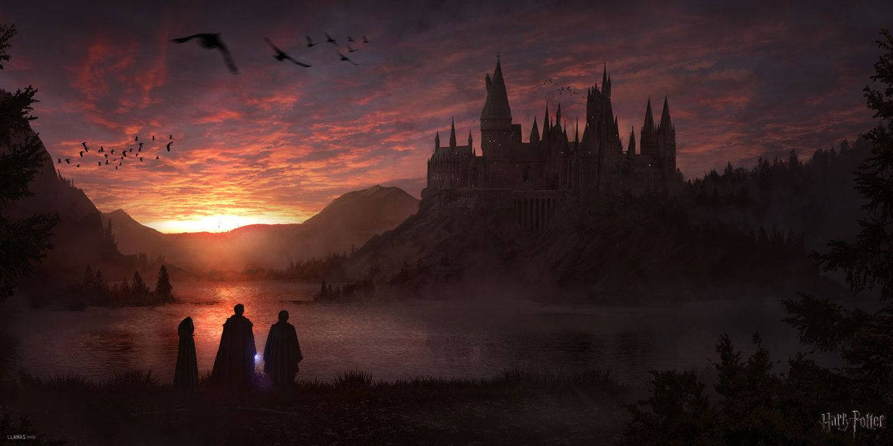 Magick Awaits: A Dramatic Sunset Over Hogwarts Castle Wallpaper