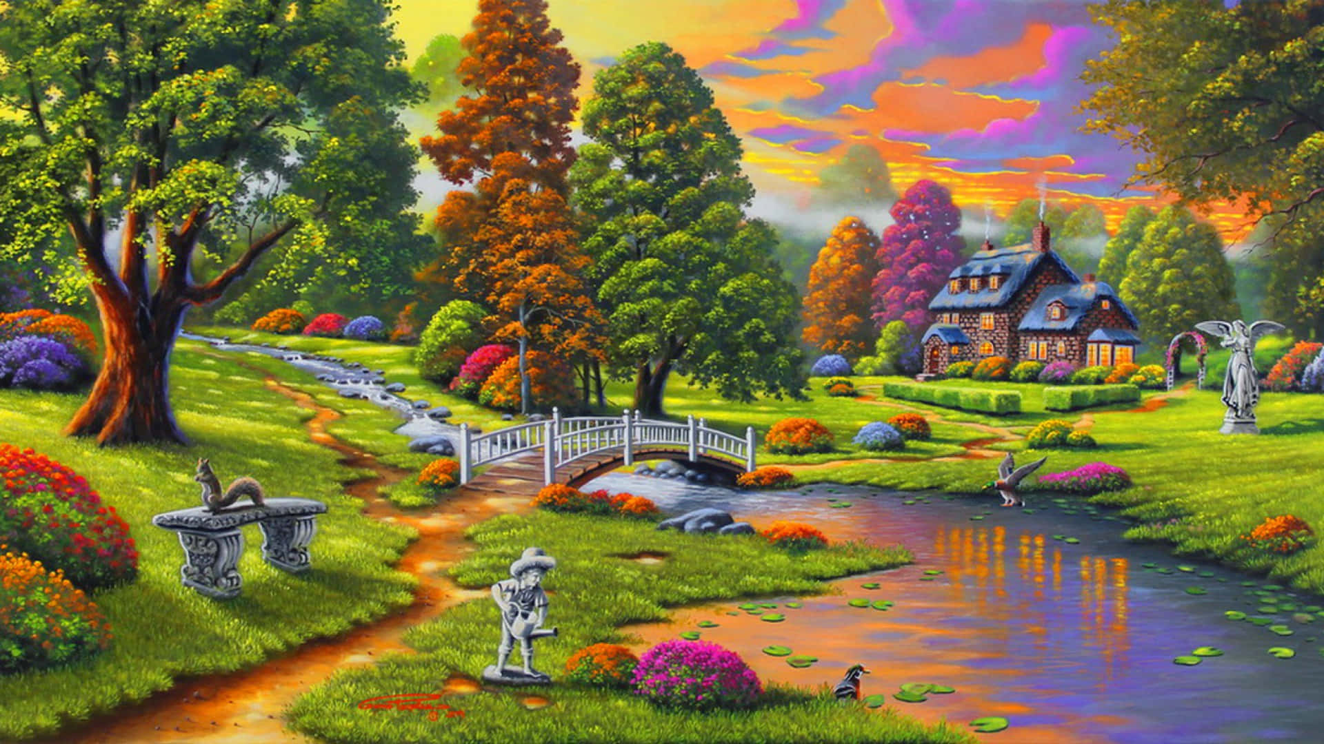 Majestic Painting Of A House And Its Lawn Wallpaper