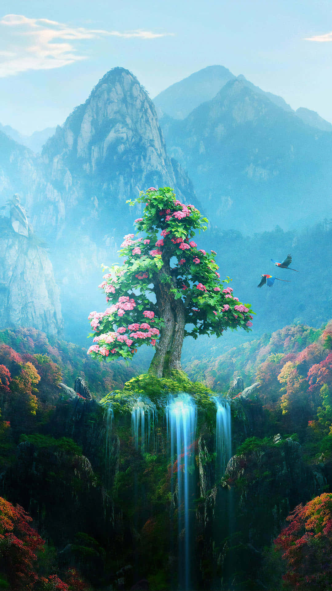 Majestic Tree On Waterfall Wallpaper