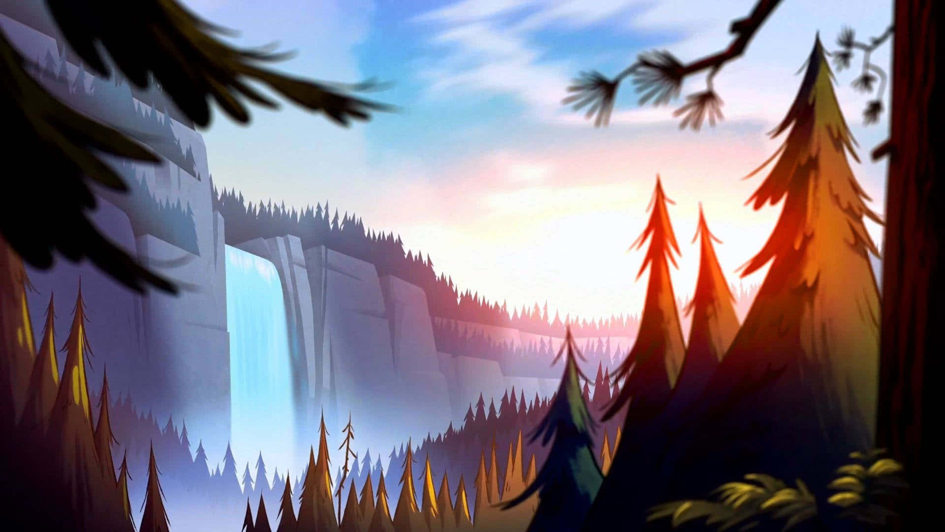 Majestic Waterfall Illustration Wallpaper