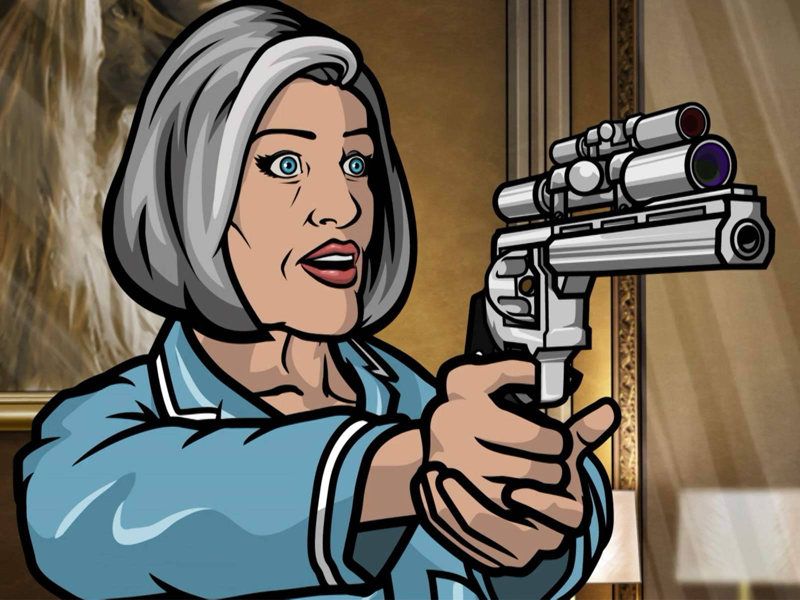 Malory Archer Pointing A Gun Wallpaper