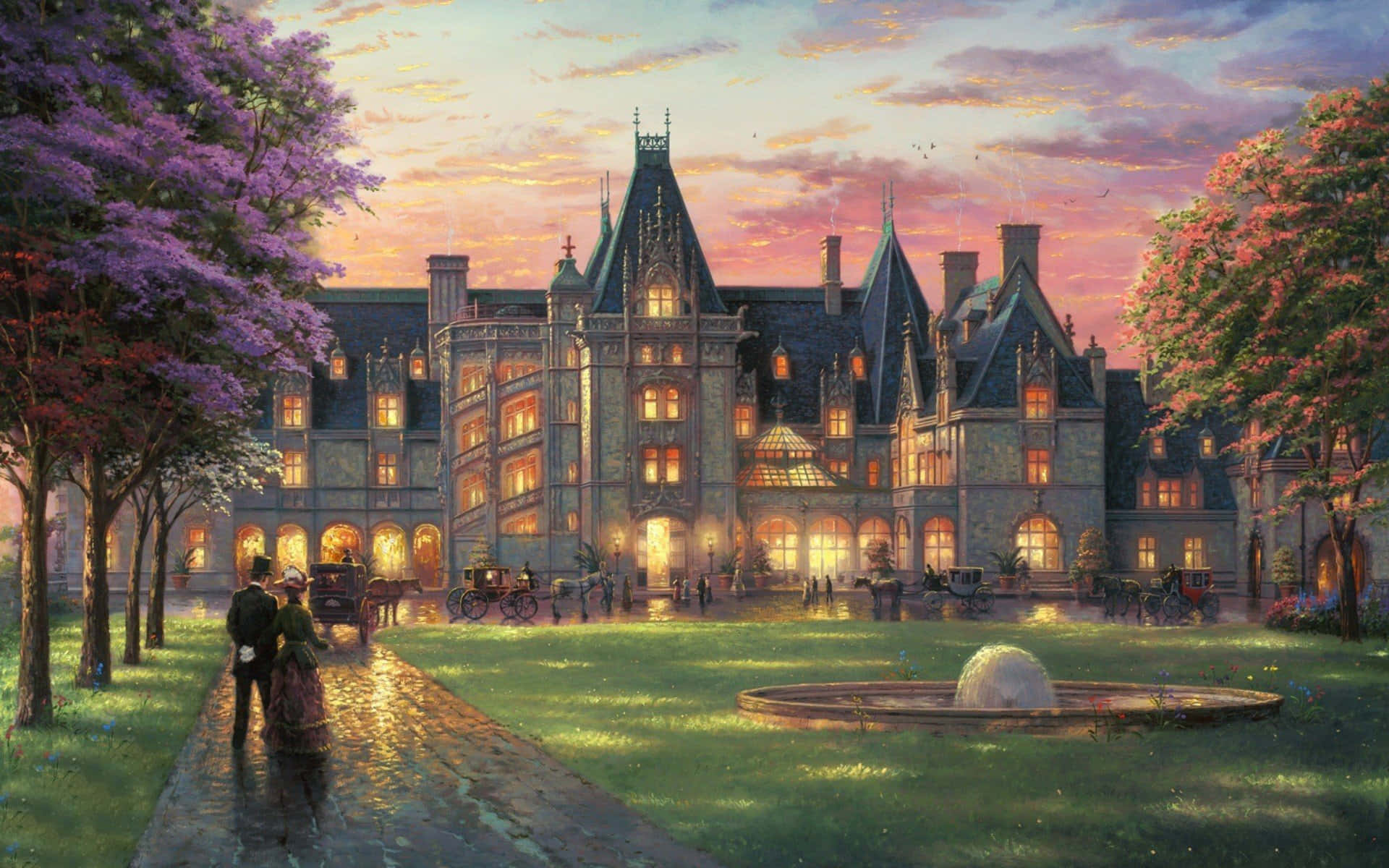 Mansion Painting At Sunset Wallpaper