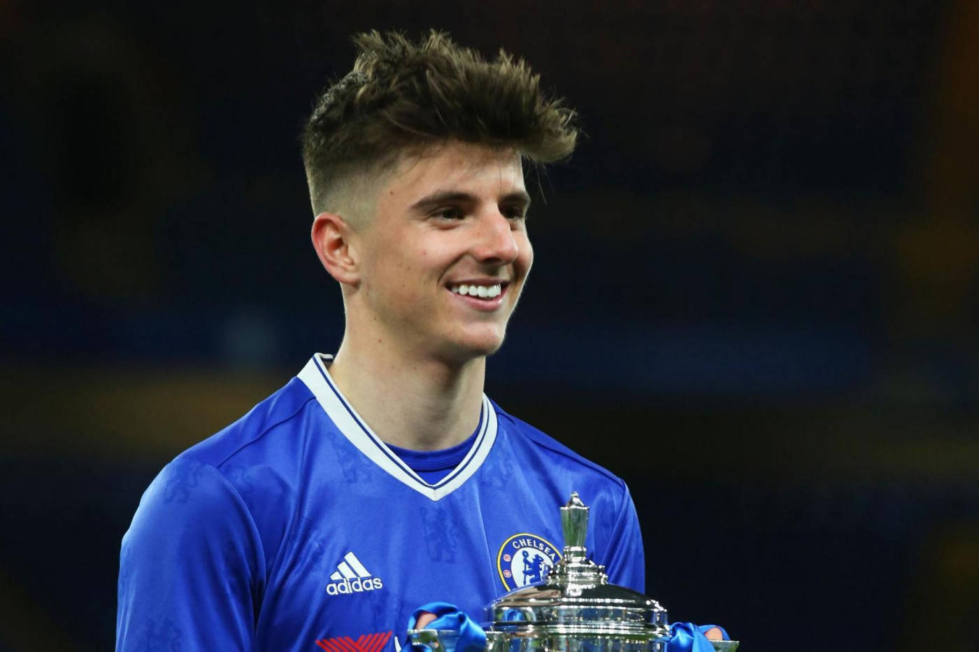 Mason Mount In A Blue Jersey Radiating Confidence Wallpaper