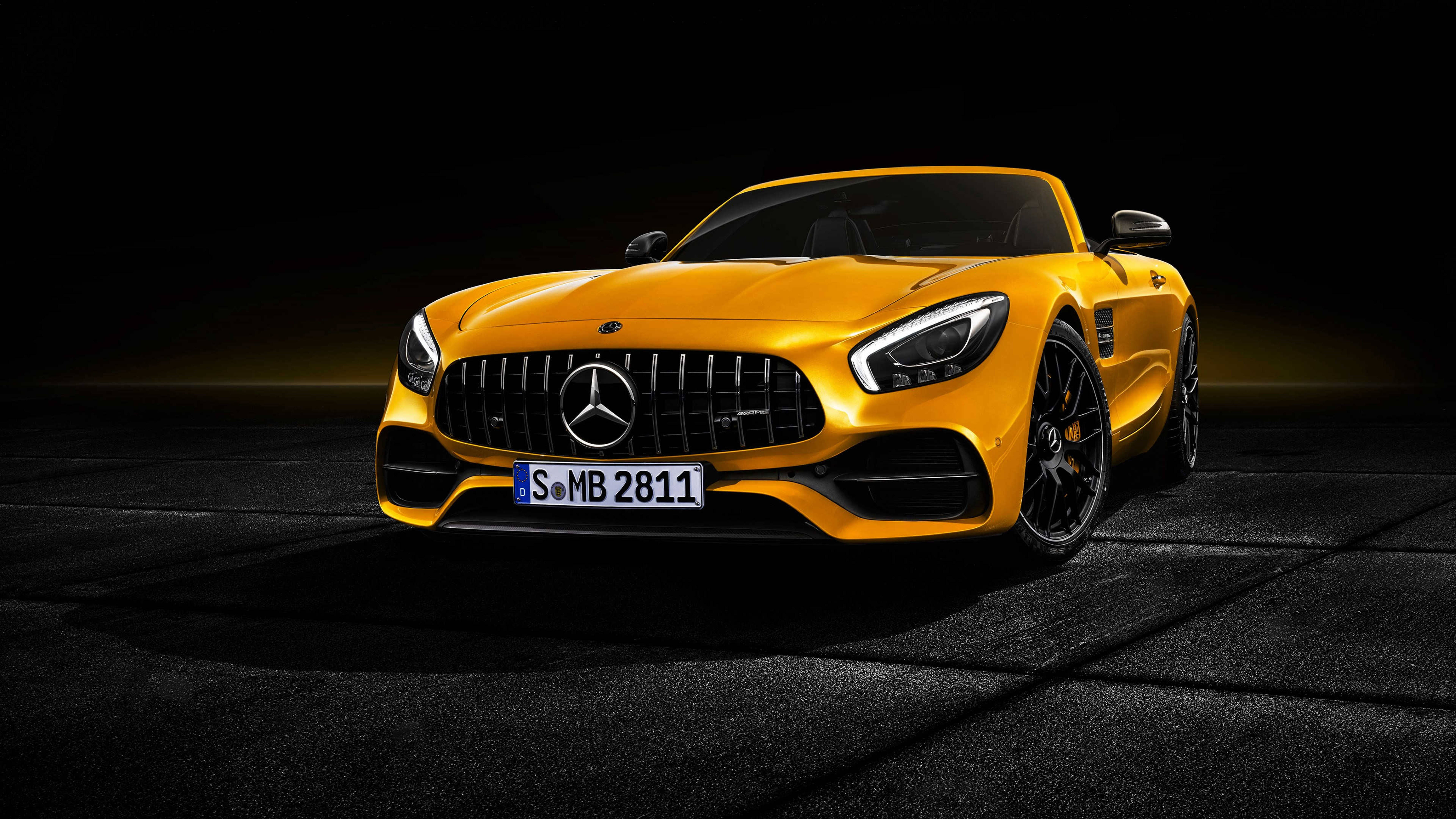 Mercedes Amg 4k Yellow Car On Black Tiles Wallpaper