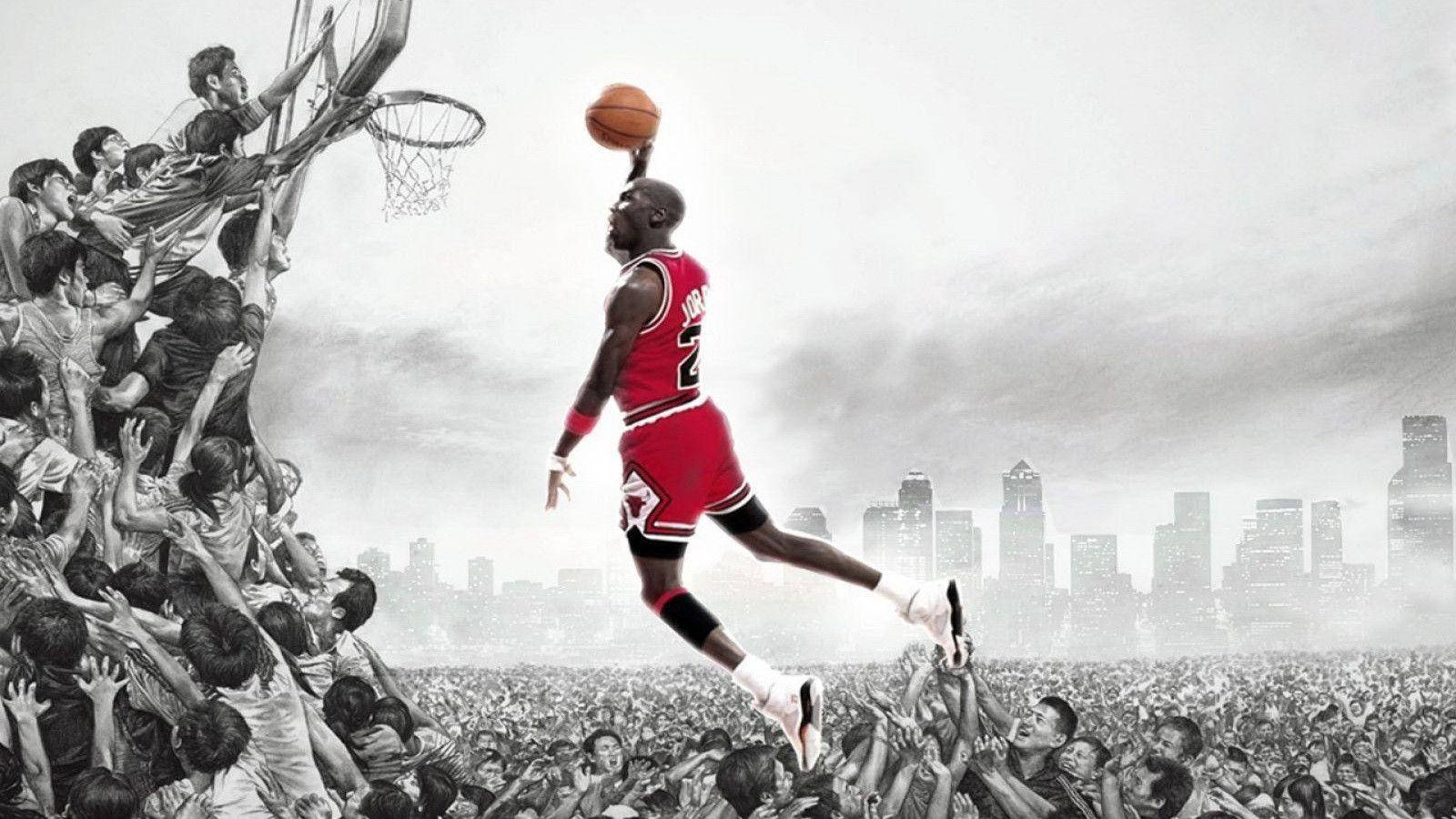 Michael Jordan Drives To The Hoop In His Famous White, Red And Black Air Jordans Wallpaper
