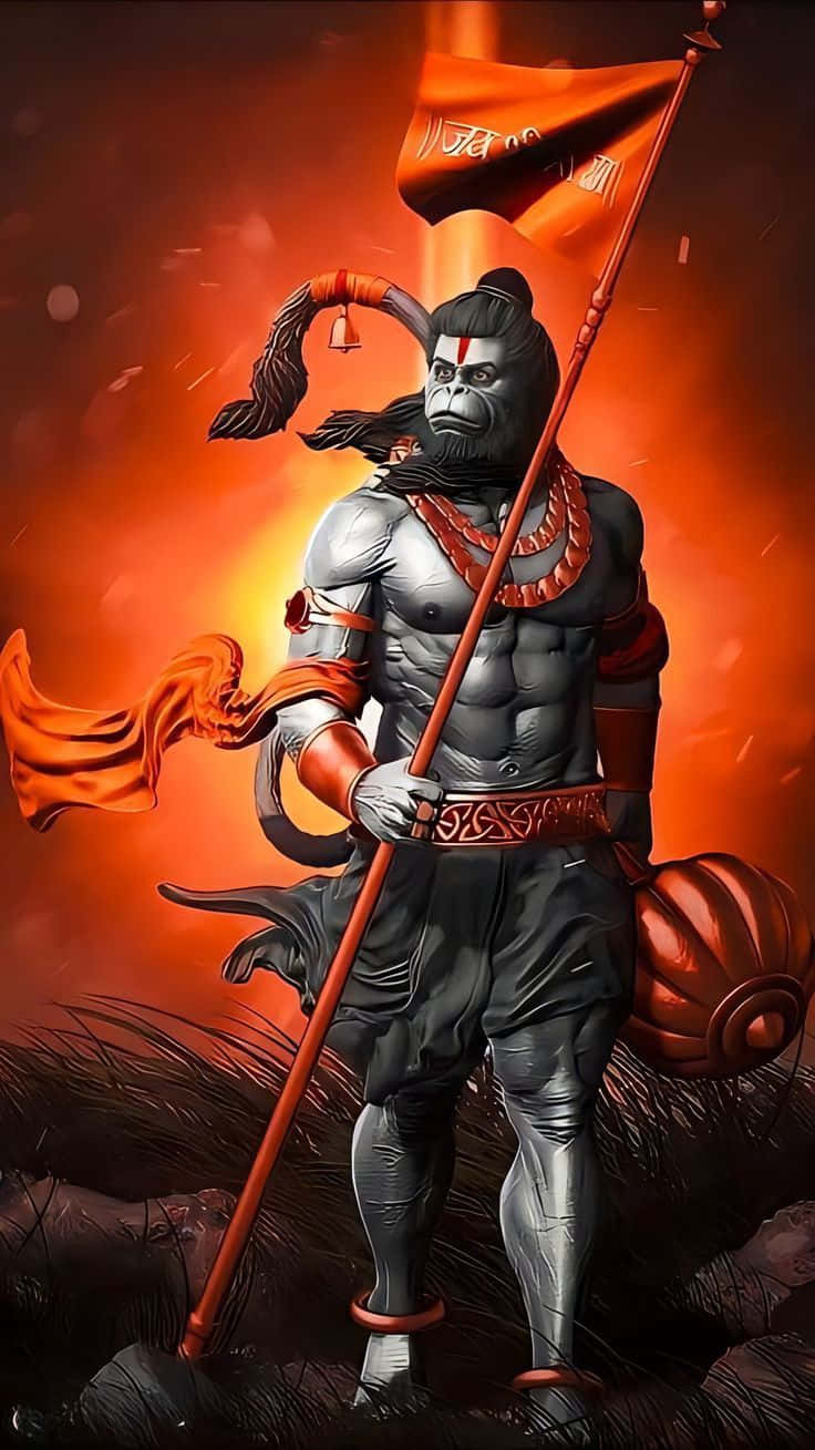 Mighty_ Hanuman_with_ Flag_and_ Gada Wallpaper