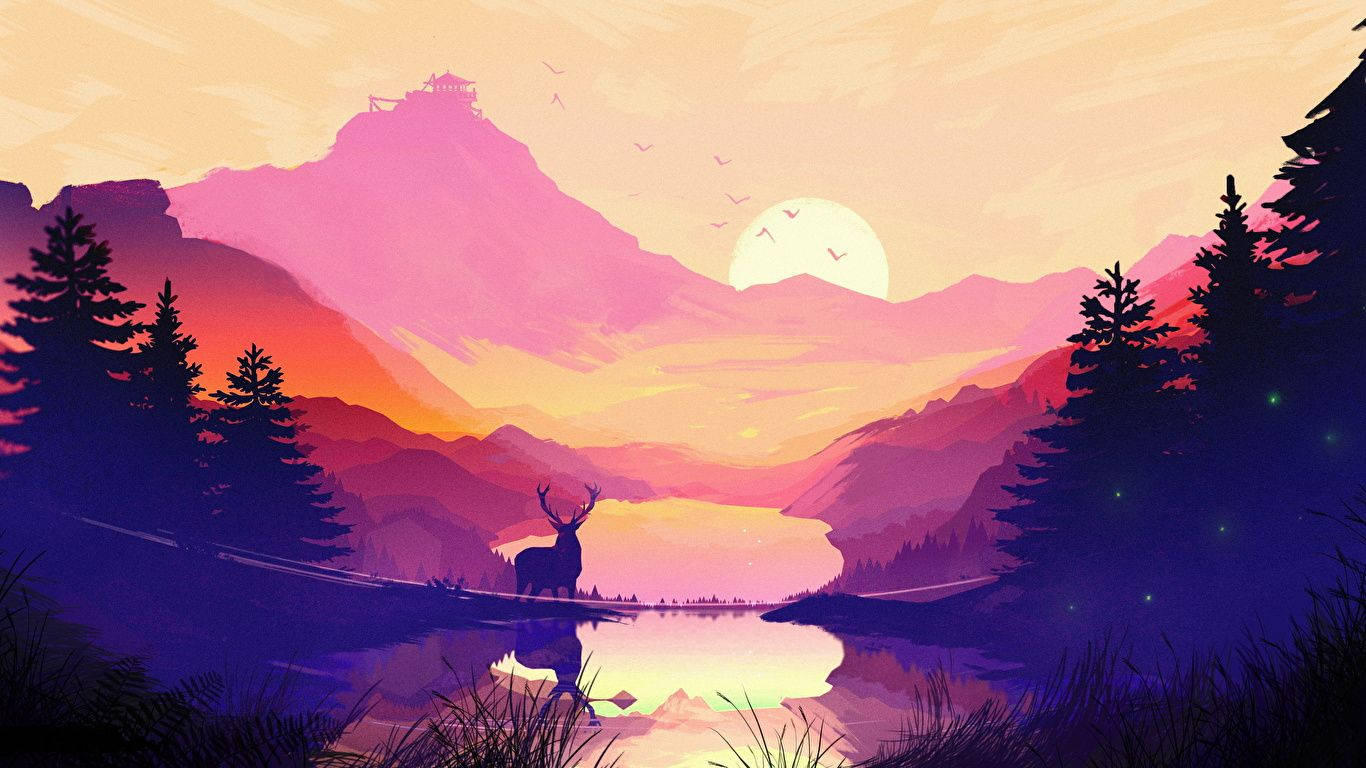 Minimalist Deer Mountain Scenery Wallpaper