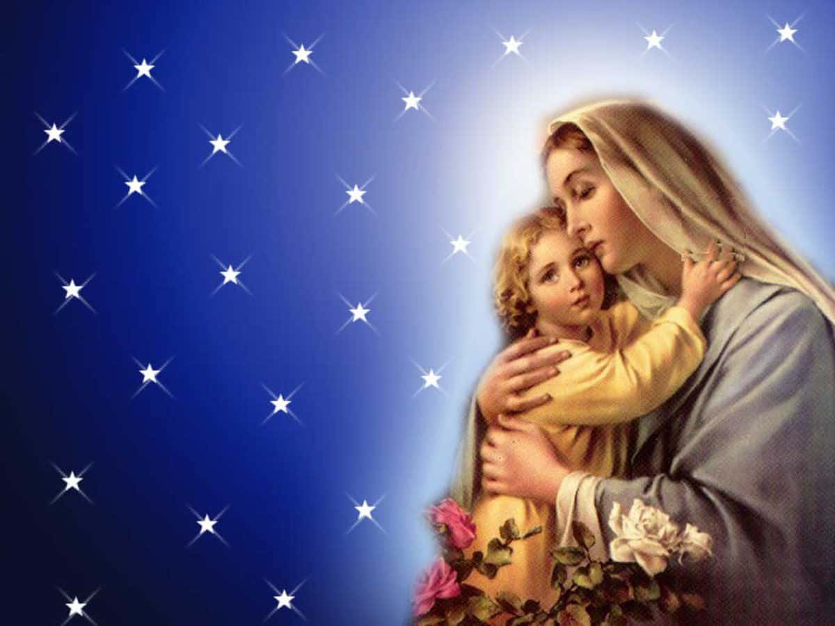 Mother Mary In Awe Of The Heavens Wallpaper