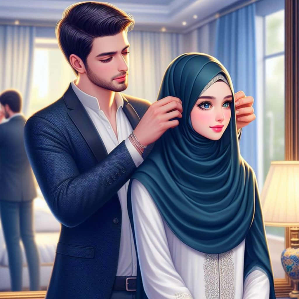 Muslim Couple Cartoon Elegance Wallpaper