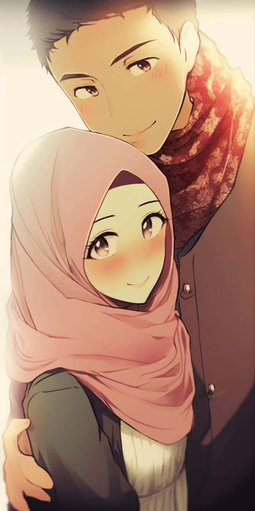 Muslim Couple Cartoon Embrace Wallpaper