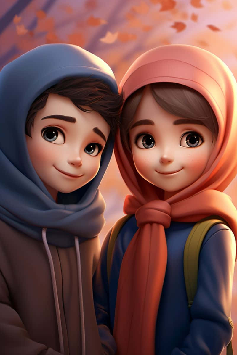 Muslim Couple Cartoon Smiling Together Wallpaper