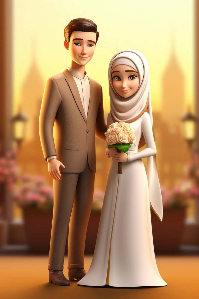 Muslim Couple Cartoon Wedding Wallpaper