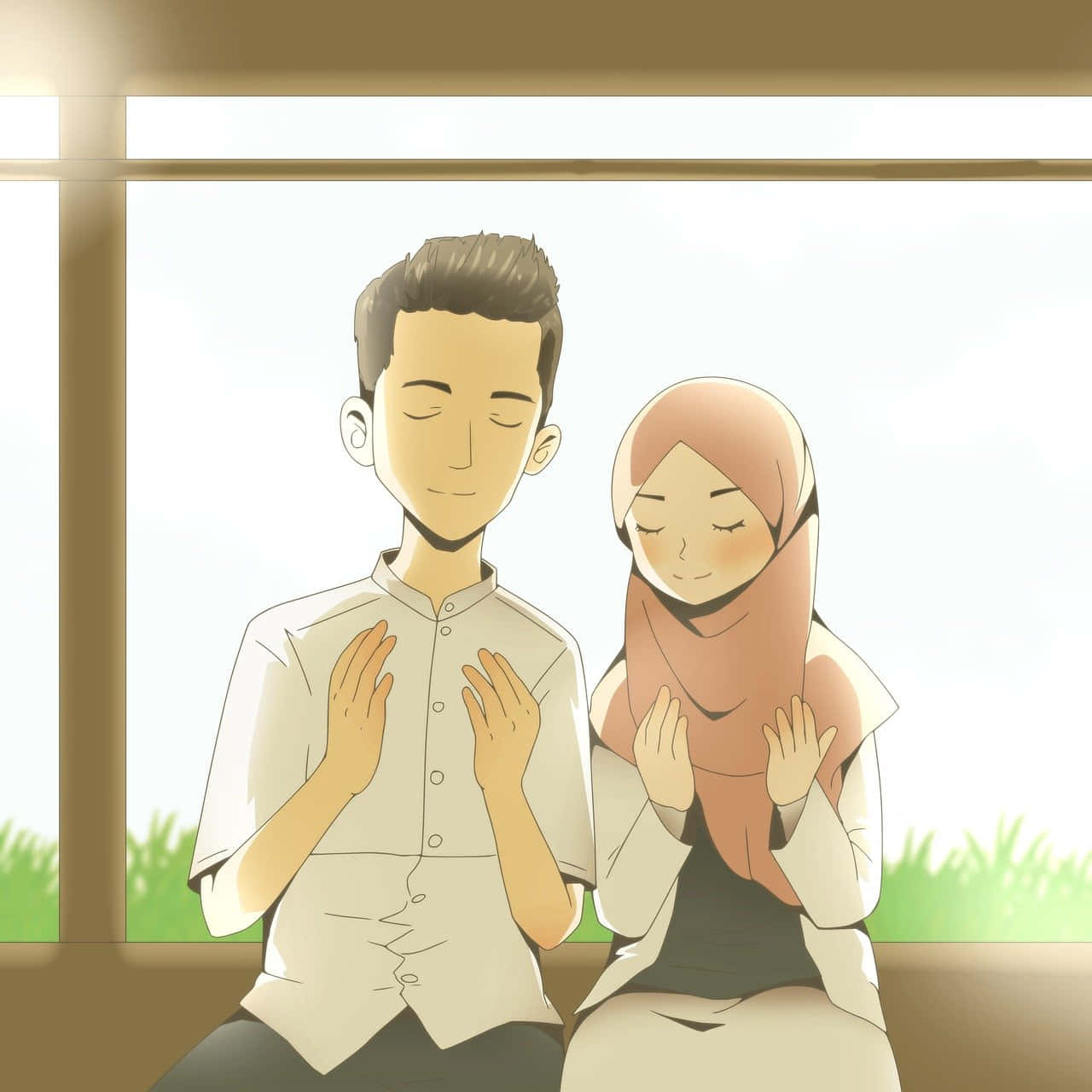 Muslim Couple Praying Cartoon Wallpaper